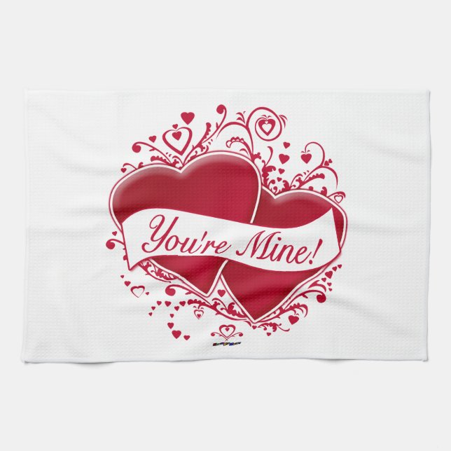 You're Mine! Red Hearts Tea Towel (Horizontal)