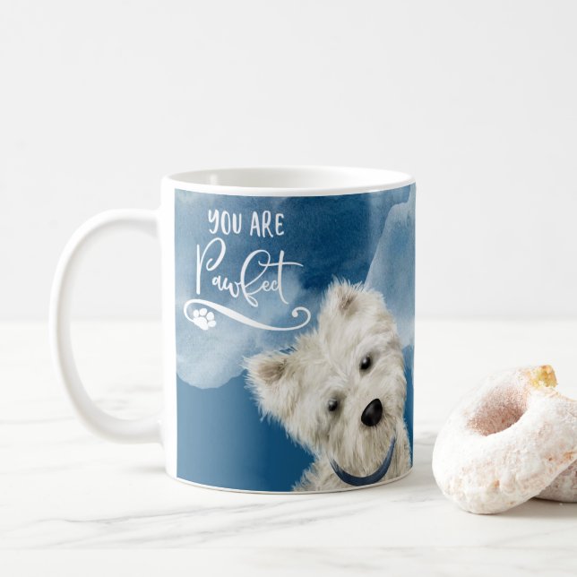 You're Pawfect, Westie Poodle Dog Fun Dog Pun Blue Coffee Mug (With Donut)