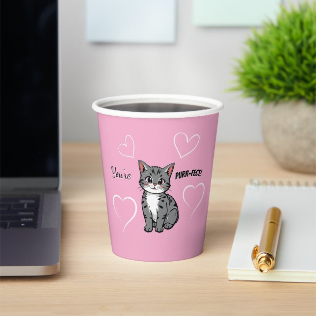 You're Purr-fect Animated Cat and Hearts Pink Paper Cups (Insitu)