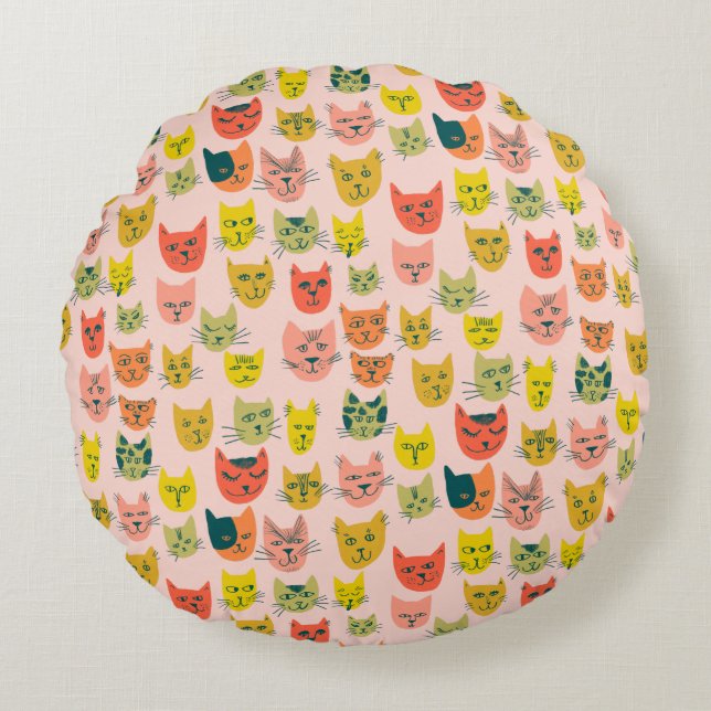 You're Purrfect! Cute Colourful Cats Pattern Round Cushion (Front)