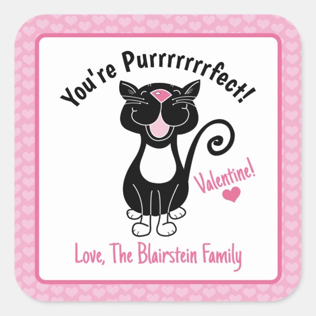You're Purrrfect Black Cat Valentine's Heart Pink Square Sticker (Front)