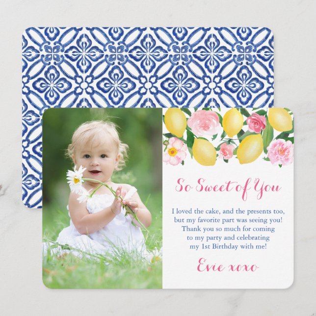 You're So Sweet Positano Lemons Pink Party Photo Thank You Card (Front/Back)