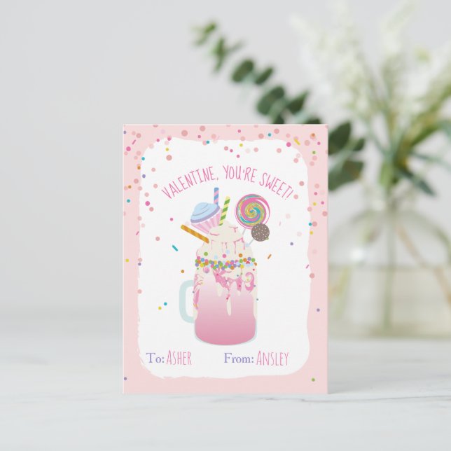 You're Sweet Crazy Milkshake Candy Kids Valentine Postcard (Standing Front)
