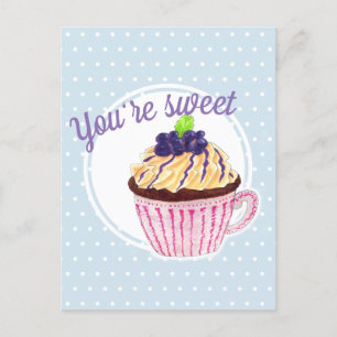 You're sweet! cupcake postcard blue polka dots