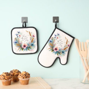 You're the God who Stays, watercolor floral Oven Mitt & Pot Holder Set