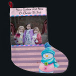 YourPic/Text Purple Pink Rose Gold Stripes Snowman Large Christmas Stocking<br><div class="desc">Fun and whimsical, this design can be for kids or adults and will add a colourful look to your home. Please note, NO real glitter is used. All glitter and lace accents are done digitally within artwork. To add your own photo, please click the Change button and to add your...</div>