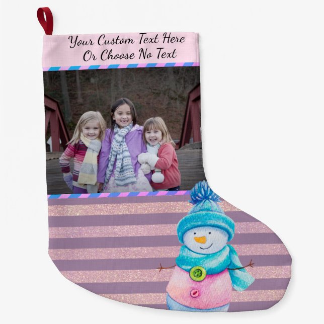 YourPic/Text Purple Pink Rose Gold Stripes Snowman Large Christmas Stocking (Front)