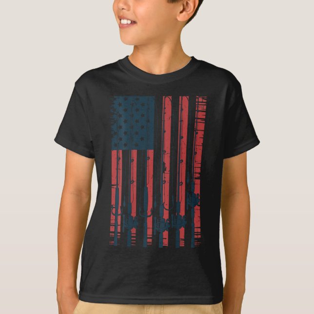 Youth American Flag Fishing Le Men Boys Patriotic  T-Shirt (Front)
