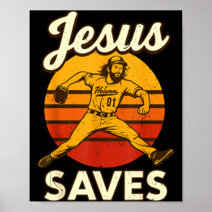 Youth Boy Baseball Jesus Saves Christian Baseball  Poster