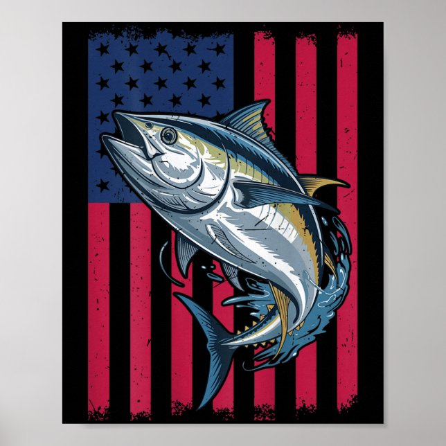 Youth Boys Deep Sea Fishing American Flag Bluefin  Poster (Front)