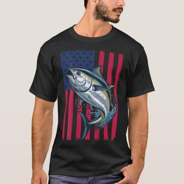 Youth Boys Deep Sea Fishing American Flag Bluefin  T-Shirt (Front)