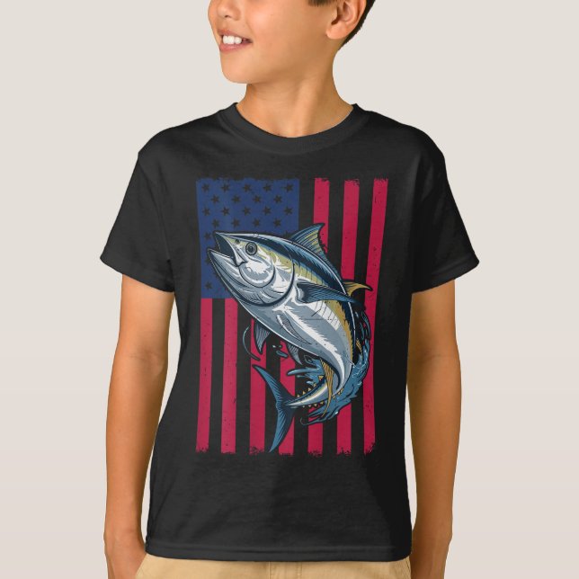 Youth Boys Deep Sea Fishing American Flag Bluefin  T-Shirt (Front)