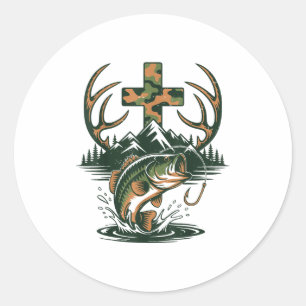 Youth Camo Faith Hunting Fishing Cross Fisherman C Classic Round Sticker
