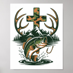 Youth Camo Faith Hunting Fishing Cross Fisherman C Poster
