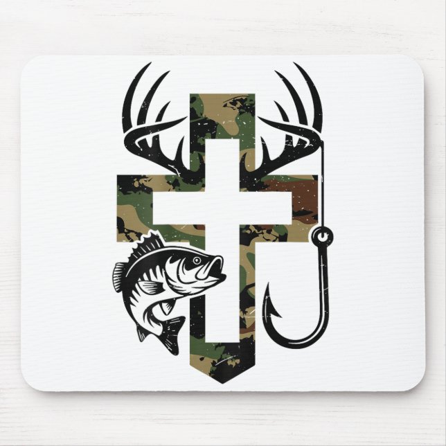 Youth Camo Faith Hunting Fishing Cross Hook Christ Mouse Mat (Front)