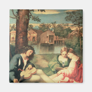 Youth with a guitar and two girls sitting magnet