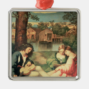 Youth with a guitar and two girls sitting metal tree decoration