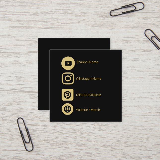 YOUTUBE CHANNEL SOCIAL MEDIA GOLD BLACK PROMOTION SQUARE BUSINESS CARD (Front/Back In Situ)