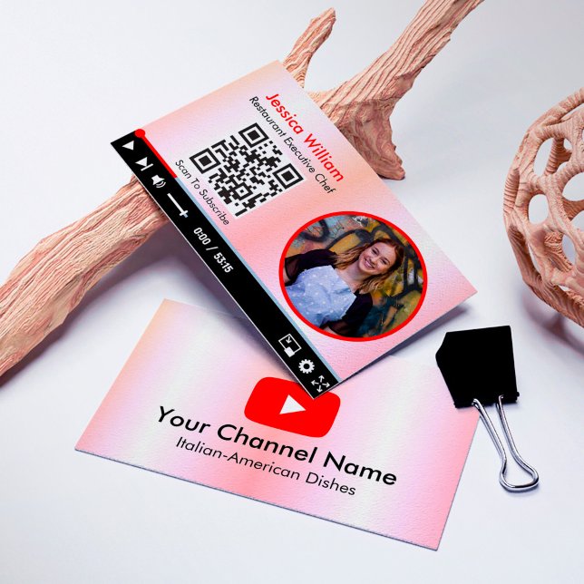 Youtube Vlogger Channel With QR Code Gradient Pink Business Card (Creator Uploaded)