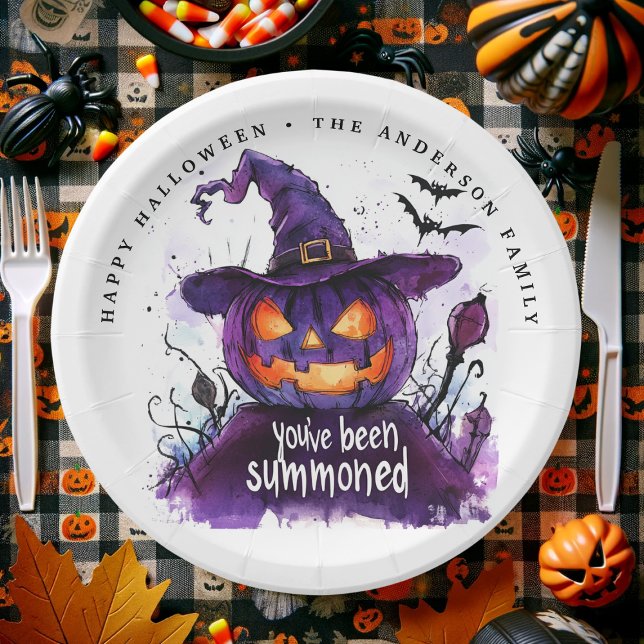 You've Been Summoned Purple Pumpkin Witch Paper Plate (Halloween paper plate with a purple pumpkin witch and "You've been summoned.")