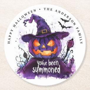 You've Been Summoned Purple Pumpkin Witch Round Paper Coaster