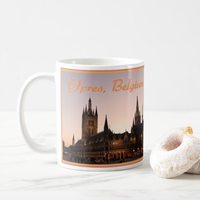 Ypres Cloth Hall, Belgium by Night Coffee Mug (With Donut)