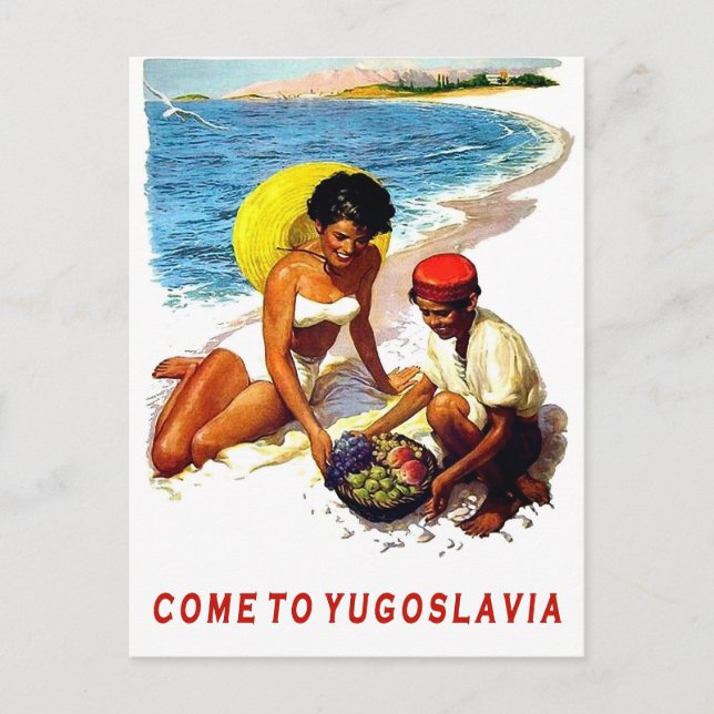 Yugoslavia, woman on the beach with fruit seller postcard (Front)