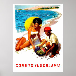 Yugoslavia, woman on the beach with fruit seller poster