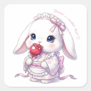 Yukata Bunny with Apple Candy - Pink Pastel Ribbon Square Sticker