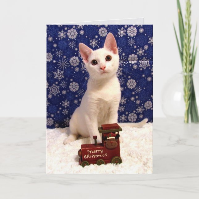 Yuki's Christmas Train - Cat Holiday Greeting Card (Front)