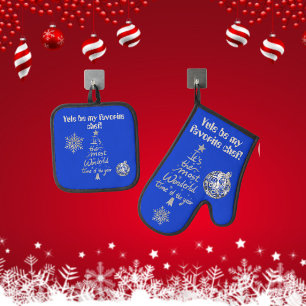 Yule be my Favourite Chef blue/silver Christmas Oven Mitt & Pot Holder Set