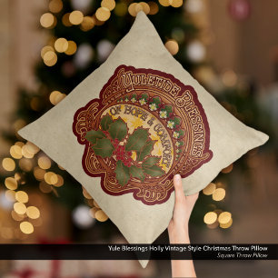 Yule Blessings Holly Vintage Style Christmas  Cushion