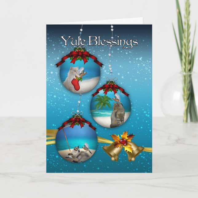 yule blessings with beach scenery cats and birds b holiday card (Front)