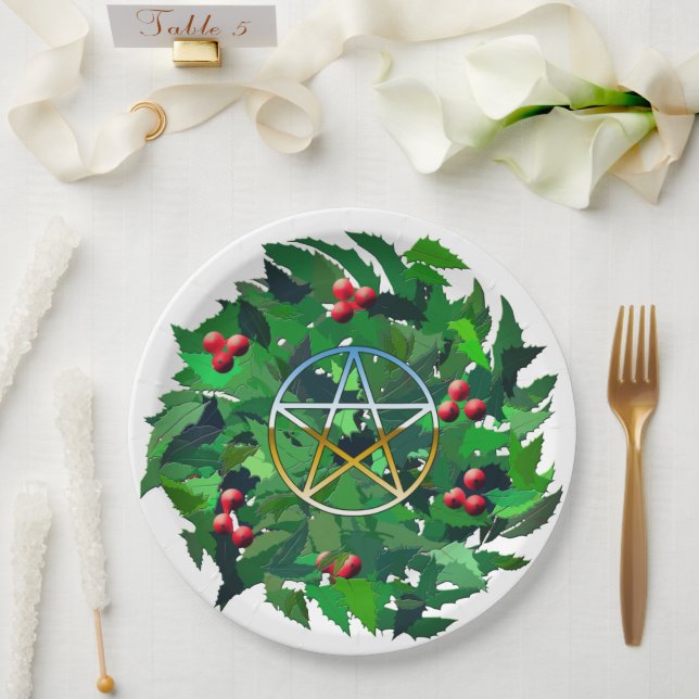 Yule Holly Wreath and Pentacle Paper Plate (Wedding)