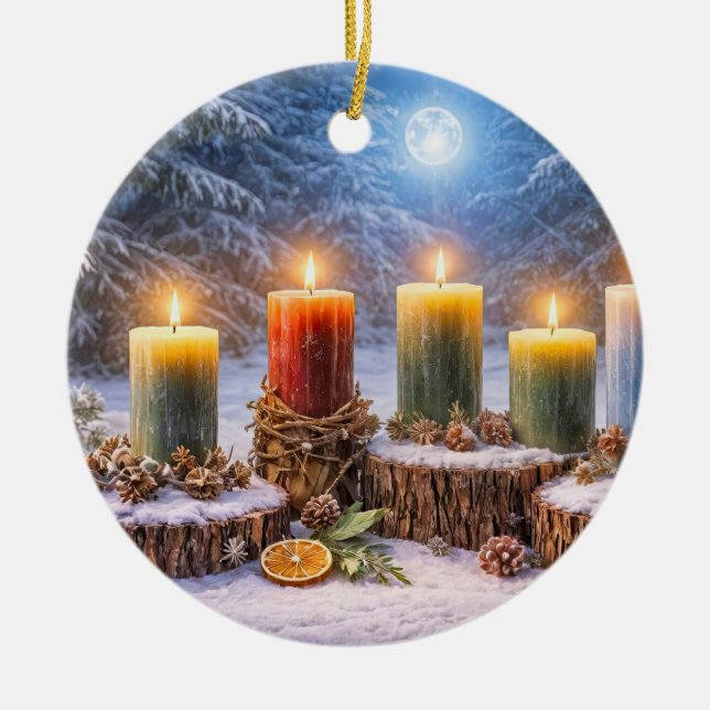 Yule Solstice Candles Moon  Ceramic Tree Decoration (Front)