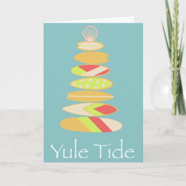 “Yule Tide” Surf Board Tree Holiday Card (Front)