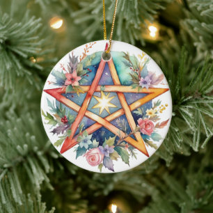 Yule Tree Winter Solstice Floral Wicca Pentacle Ceramic Tree Decoration