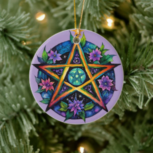 Yule Tree Winter Solstice Floral Wicca Pentacle Ceramic Tree Decoration