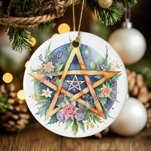 Yule Tree Winter Solstice Floral Wicca Pentacle Ceramic Tree Decoration
