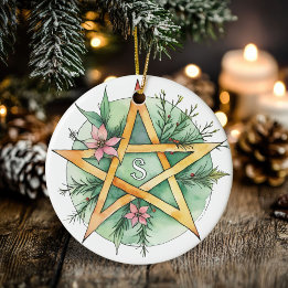 Yule Tree Winter Solstice Monogram Wicca Pentacle Ceramic Tree Decoration