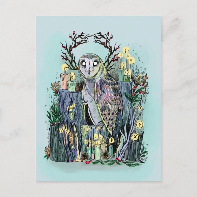 Yule Winter Solstice Barn Owl With Runes Postcard (Front)