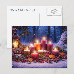 Yule Winter Solstice Candles and Lantern Snow Holiday Postcard