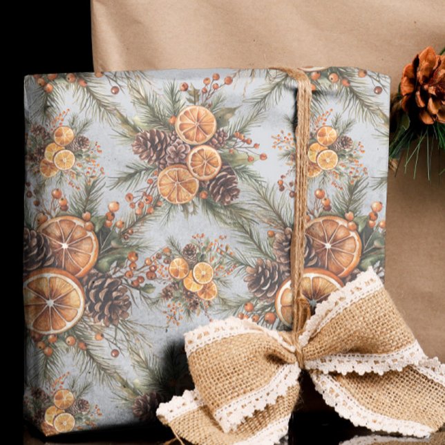 Yule Winter Solstice Natural Pine & Orange Wrapping Paper (Creator Uploaded)