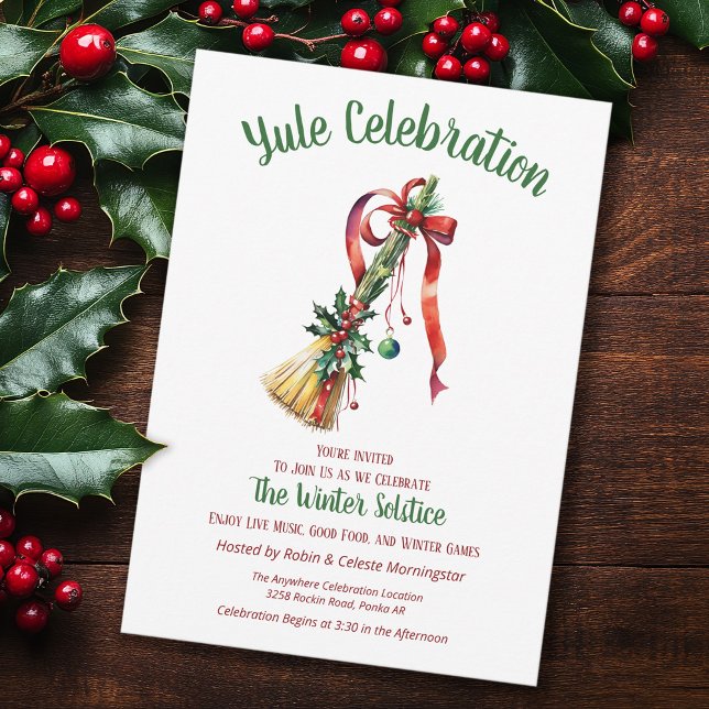 Yule Winter Solstice Witch Broom Holly Besom Invitation (Creator Uploaded)