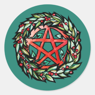 Yule Wreath Pentacle Pagan Pentagram Holiday       Classic Round Sticker