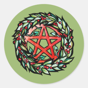 Yule Wreath Pentacle Pagan Pentagram Holiday Classic Round Sticker
