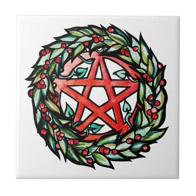 Yule Wreath Pentacle Pagan Pentagram Holiday       Tile (Front)