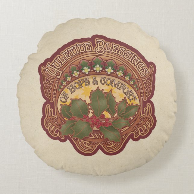 Yuletide Blessings Vintage Look Round Pillow (Front)