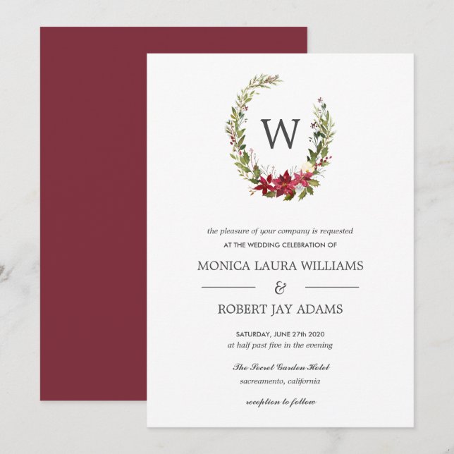 Yuletide | Floral Christmas Monogram Wedding Invitation (Front/Back)