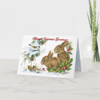 Yuletide Greetings Woodland Rabbits in Snow Holiday Card
